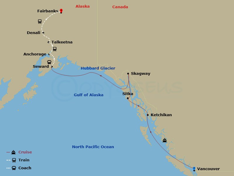 Route map: Vancouver, British Columbia → Ketchikan (Ward Cove) Alaska → Sitka, Alaska → Skagway, Alaska → Seward, Alaska → Anchorage, Alaska → Talkeetna, Alaska → Denali, Alaska → Fairbanks, Alaska