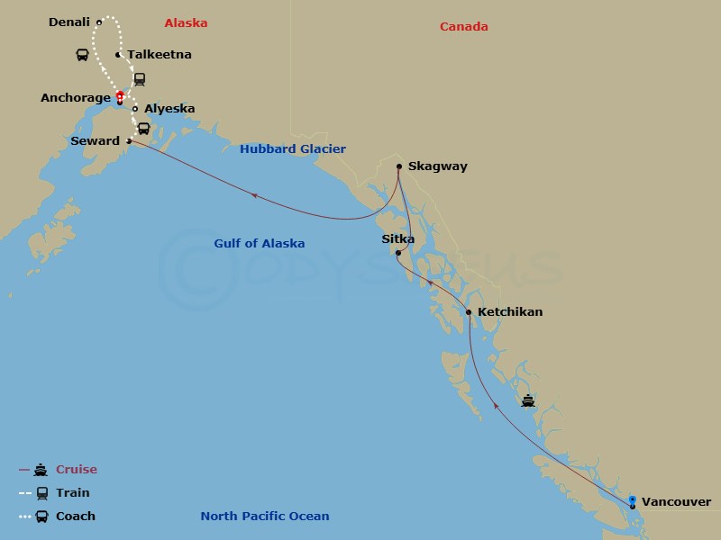 Route map: Vancouver, British Columbia → Ketchikan (Ward Cove) Alaska → Sitka, Alaska → Skagway, Alaska → Seward, Alaska → Alyeska (Girdwood), Alaska → Anchorage, Alaska → Denali, Alaska → Talkeetna, Alaska → Anchorage, Alaska