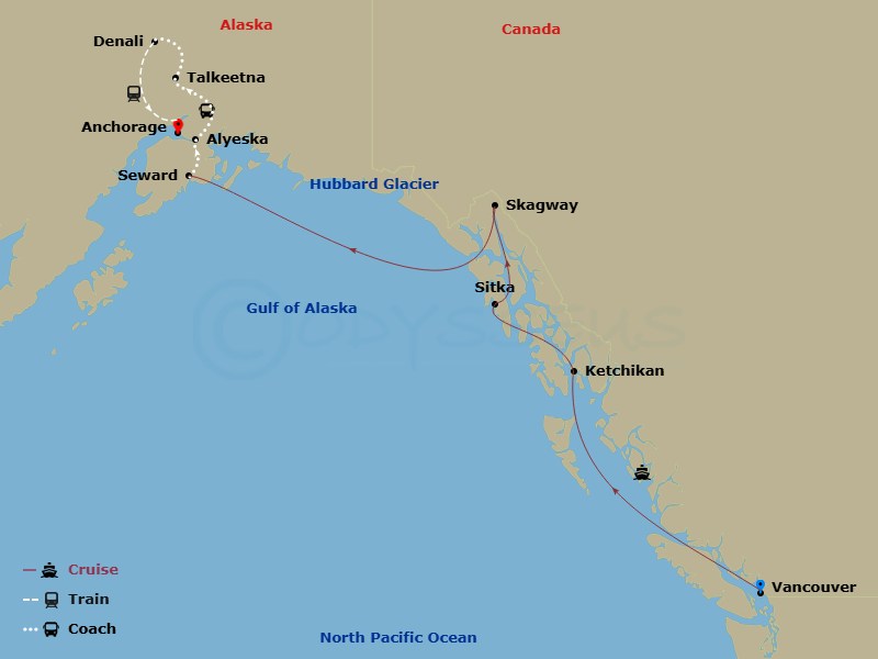 Route map: Vancouver, British Columbia → Ketchikan (Ward Cove) Alaska → Sitka, Alaska → Skagway, Alaska → Seward, Alaska → Alyeska (Girdwood), Alaska → Talkeetna, Alaska → Denali, Alaska → Anchorage, Alaska