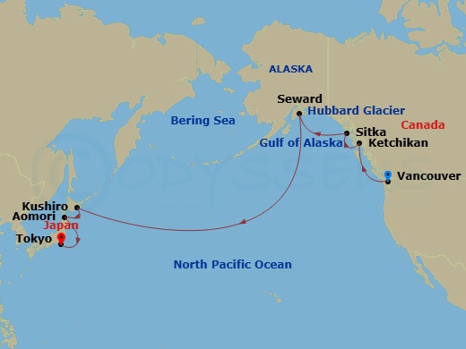 Route map: Vancouver → Ketchikan → Sitka → Seward → Kushiro → Aomori → Tokyo