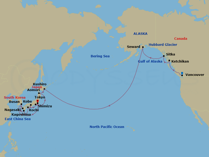 Route map: Vancouver → Ketchikan → Sitka → Seward → Kushiro → Aomori → Tokyo → Shimizu → Kobe → Kochi