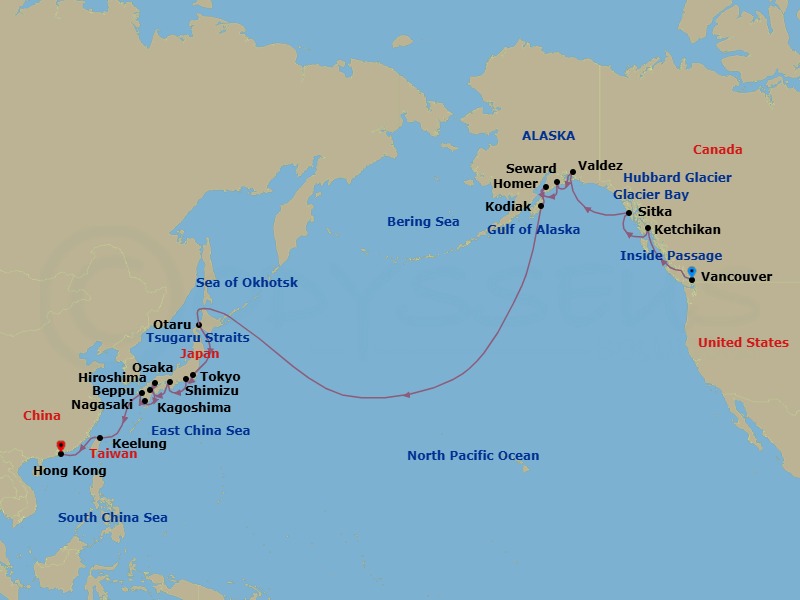 Route map: Vancouver, British Columbia → Ketchikan, Alaska → Sitka, Alaska → Scenic Sailing: Glacier Bay → Scenic Sailing: Hubbard Glacier → Valdez, Alaska → Seward, Alaska → Homer → Kodiak, Alaska → Sapporo (Otaru)