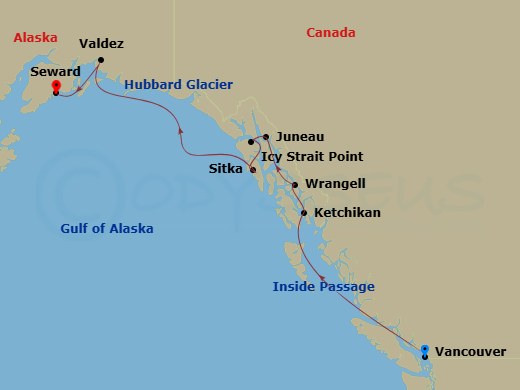 Route map: Vancouver British Columbia → Ketchikan Alaska → Wrangell Alaska → Juneau Alaska → Icy Strait Point Alaska → Sitka Alaska → Scenic Sailing Hubbard Glacier → Valdez Alaska → Seward Alaska