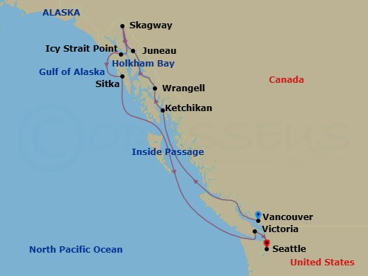Route map: Vancouver → Ketchikan → Wrangell → Holkham Bay Glacier Fjords → Juneau → Skagway → Icy Strait Point (Hoonah) → Sitka → Victoria → Seattle