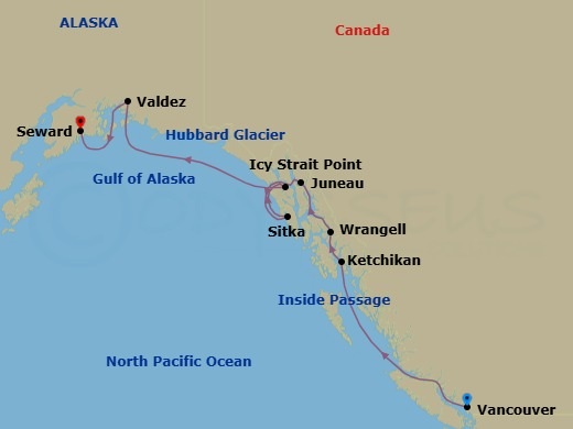 Route map: Vancouver British Columbia → Ketchikan (Ward Cove) Alaska → Wrangell Alaska → Juneau Alaska → Sitka Alaska → Icy Strait Point Alaska → Scenic Sailing Hubbard Glacier → Valdez Alaska → Seward Alaska