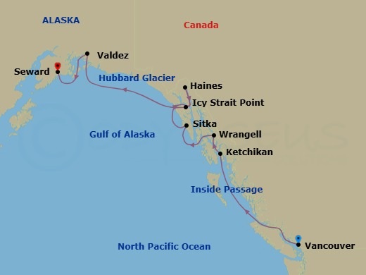 Route map: Vancouver British Columbia → Ketchikan (Ward Cove) Alaska → Wrangell Alaska → Sitka Alaska → Haines Alaska → Icy Strait Point Alaska → Scenic Sailing Hubbard Glacier → Valdez Alaska → Seward Alaska