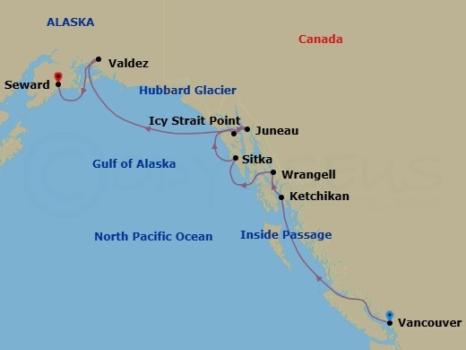 Route map: Vancouver British Columbia → Ketchikan (Ward Cove) Alaska → Wrangell Alaska → Sitka Alaska → Icy Strait Point Alaska → Juneau Alaska → Scenic Sailing Hubbard Glacier → Valdez Alaska → Seward Alaska