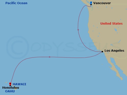 Route map: Vancouver, Canada → Los Angeles, California → Honolulu, Hawaii