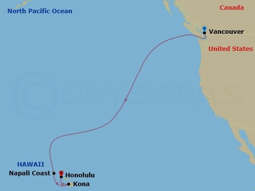 Route map: Vancouver, British Columbia → Kailua Kona, Hawaii → Honolulu, Oahu, Hawaii