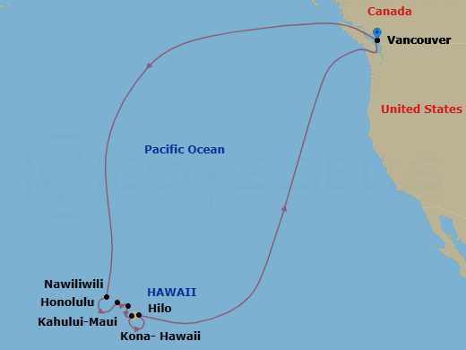 Route map: Vancouver, B.C., CA → Nawiliwili, Kauai, Hawaii, US → Honolulu, Hawaii, US → Kahului, Maui, US → Kona, Hawaii, US → Hilo, Hawaii, US → Vancouver, B.C., CA