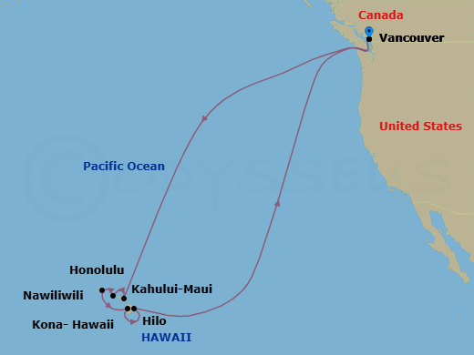 Route map: Vancouver, B.C., CA → Kahului, Maui, US → Honolulu, Hawaii, US → Nawiliwili, Kauai, Hawaii, US → Kona, Hawaii, US → Hilo, Hawaii, US → Vancouver, B.C., CA