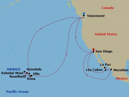 Route map: Vancouver, B.C., CA → Kahului, Maui, US → Honolulu, Hawaii, US → Nawiliwili, Kauai, Hawaii, US → Kona, Hawaii, US → Hilo, Hawaii, US → Vancouver, B.C., CA → San Diego, California, US → Mazatlan, Mexico → Pichilingue (La Paz), Mexico
