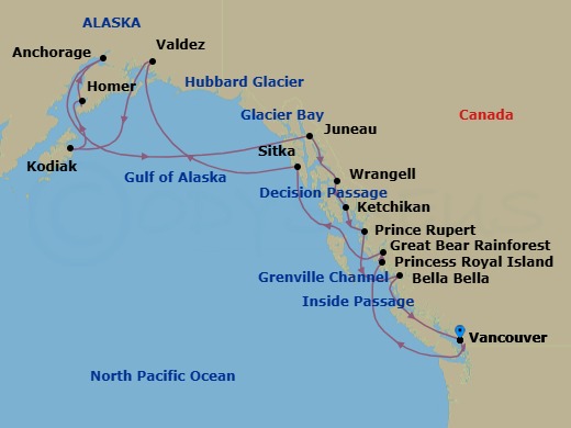Route map: Vancouver → Princess Royal Island → Victoria, British Columbia, Canada → Sitka → Hubbard Glacier → Vancouver, British Columbia → Kodiak → CROSSING INTERNATIONAL DATELINE - EAST → Anchorage → Glacier Bay