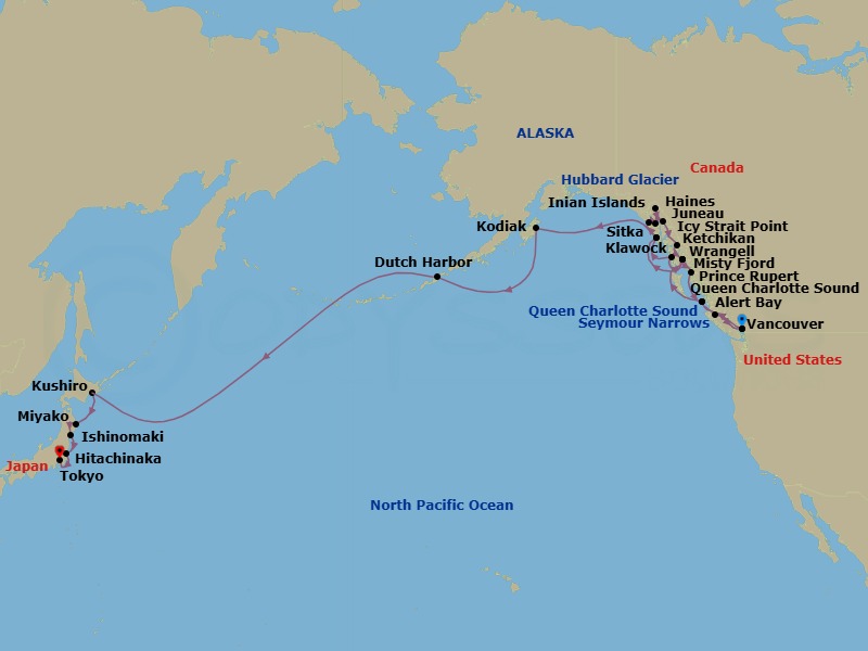 Route map: Vancouver → Seymour Narrows → Queen Charlotte Sound → Ketchikan → Sitka → Hubbard Glacier → Inian Islands → Icy Strait Point → Haines → Juneau