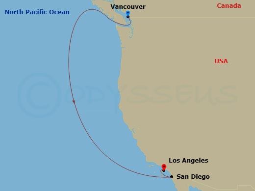 Route map: Vancouver, Canada → San Diego, California → Los Angeles, California