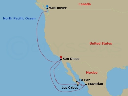 Route map: Vancouver, B.C., CA → San Diego, California, US → Mazatlan, Mexico → Pichilingue (La Paz), Mexico → Cabo San Lucas, Mexico → San Diego, California, US