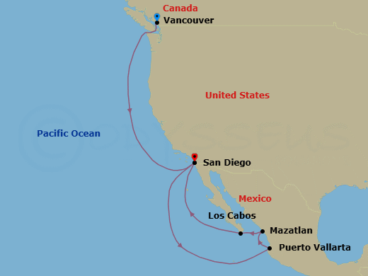 Route map: Vancouver, B.C., CA → San Diego, California, US → Puerto Vallarta, Mexico → Mazatlan, Mexico → Cabo San Lucas, Mexico → San Diego, California, US