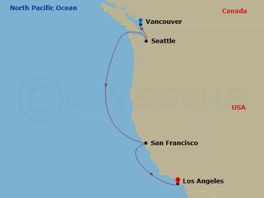 Route map: Vancouver, Canada → Seattle, Washington → San Francisco, California → Los Angeles, California