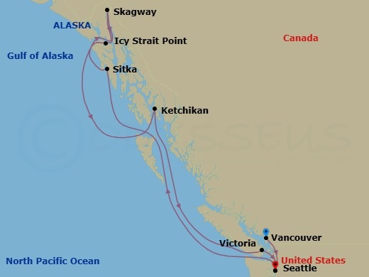 Route map: Vancouver, Canada → Seattle, Wa → Sitka, Ak → Skagway, Ak → Cruise Glacier Bay, Ak → Icy Strait Point, Ak → Ketchikan (Ward Cove), Ak → Victoria  Bc  Canada → Seattle, Wa