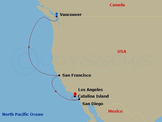 Route map: Vancouver, Canada → San Francisco, California → Catalina Island, California → San Diego, California → Los Angeles, California