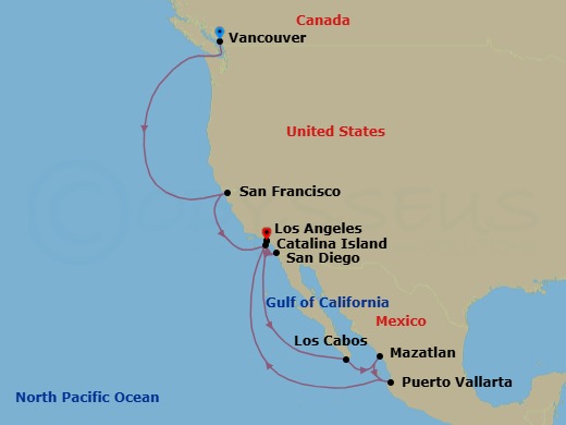 Route map: Vancouver, Canada → San Francisco, California → Catalina Island, California → San Diego, California → Los Angeles, California → Cabo San Lucas, Mexico → Mazatlan, Mexico → Puerto Vallarta, Mexico → Los Angeles, California