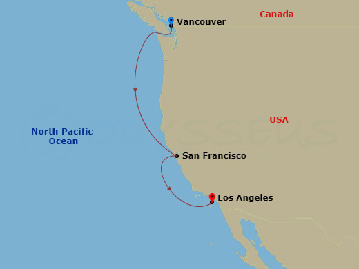 Route map: Vancouver, Canada → San Francisco, Ca → Los Angeles, Ca