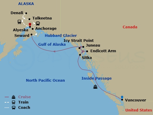 Route map: Vancouver, British Columbia → Sitka, Alaska → Endicott Arm & Dawes Glacier → Icy Strait Point, Alaska → Juneau, Alaska → Seward, Alaska → Alyeska (Girdwood), Alaska → Talkeetna, Alaska → Denali, Alaska → Anchorage, Alaska