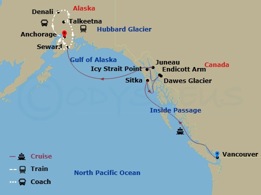 Route map: Vancouver, British Columbia → Sitka, Alaska → Endicott Arm & Dawes Glacier → Icy Strait Point, Alaska → Juneau, Alaska → Seward, Alaska → Anchorage, Alaska → Seward, Alaska → Talkeetna, Alaska → Denali, Alaska