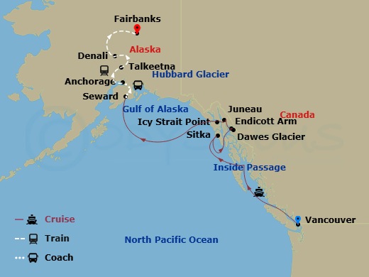 Route map: Vancouver, British Columbia → Sitka, Alaska → Endicott Arm & Dawes Glacier → Icy Strait Point, Alaska → Juneau, Alaska → Seward, Alaska → Anchorage, Alaska → Talkeetna, Alaska → Denali, Alaska → Fairbanks, Alaska