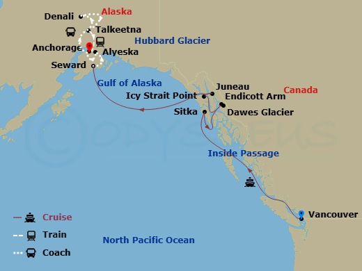 Route map: Vancouver, British Columbia → Sitka, Alaska → Endicott Arm & Dawes Glacier → Icy Strait Point, Alaska → Juneau, Alaska → Seward, Alaska → Alyeska (Girdwood), Alaska → Anchorage, Alaska → Talkeetna, Alaska → Denali, Alaska