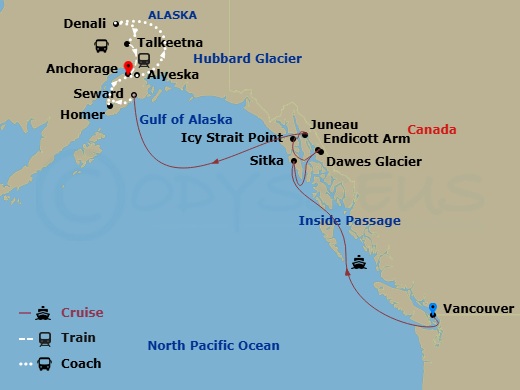 Route map: Vancouver, British Columbia → Sitka, Alaska → Endicott Arm & Dawes Glacier → Icy Strait Point, Alaska → Juneau, Alaska → Seward, Alaska → Homer, Alaska → Alyeska (Girdwood), Alaska → Denali, Alaska → Talkeetna, Alaska
