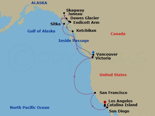 Route map: Vancouver, Canada → Sitka, Alaska → Skagway, Alaska → Juneau, Alaska → Ketchikan, Alaska → Victoria, Canada → Vancouver, Canada → San Francisco, California → San Diego, California → Catalina Island, California