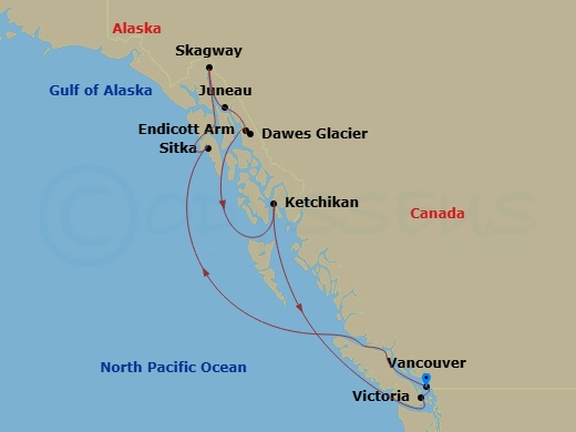 Route map: Vancouver, Canada → Sitka, Alaska → Skagway, Alaska → Juneau, Alaska → Ketchikan, Alaska → Victoria, Canada → Vancouver, Canada