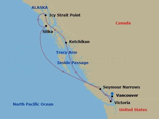 Route map: Vancouver → Seymour Narrows (British Columbia) → Ketchikan → Cruise Tracy Arm/Sawyer Glacier → Icy Strait Point, Alaska → Sitka (Alaska) → Victoria (Canada) → Vancouver