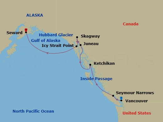 Route map: Vancouver → Seymour Narrows (British Columbia) → Ketchikan → Juneau (Alaska) → Skagway (Alaska) → Icy Strait Point, Alaska → Cruise Hubbard Glacier, Alaska → Seward