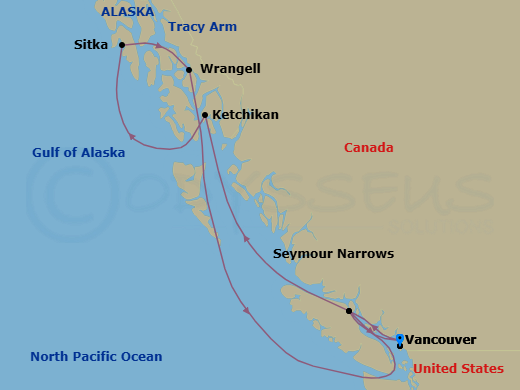 Route map: Vancouver → Seymour Narrows (British Columbia) → Ketchikan → Sitka (Alaska) → Cruise Tracy Arm/Sawyer Glacier → Wrangell → Seymour Narrows (British Columbia) → Vancouver