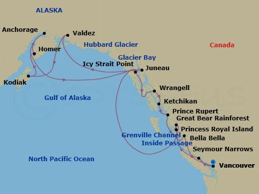 Route map: Vancouver, B.C., CA → Juneau, Alaska, US → Valdez, Alaska, USA → Kodiak, Alaska, US → Homer, Alaska, US → Anchorage, Alaska, US → Icy Strait Point, Alaska, US → Glacier Bay → Wrangell, Alaska, US → Ketchikan, Alaska, US