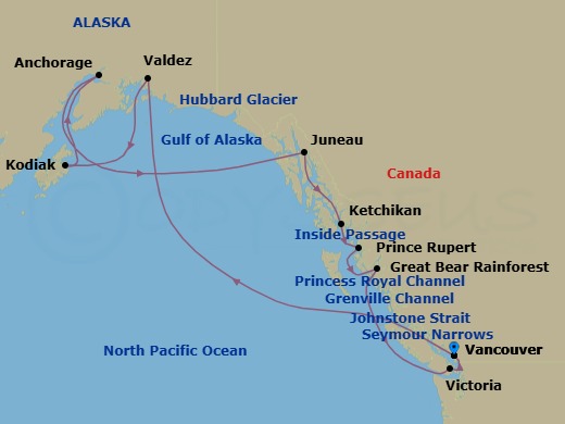 Route map: Vancouver → Inside Passage → Vancouver, British Columbia → Kodiak → Anchorage → Hubbard Glacier → Juneau → Ketchikan → Prince Rupert → Victoria, British Columbia, Canada