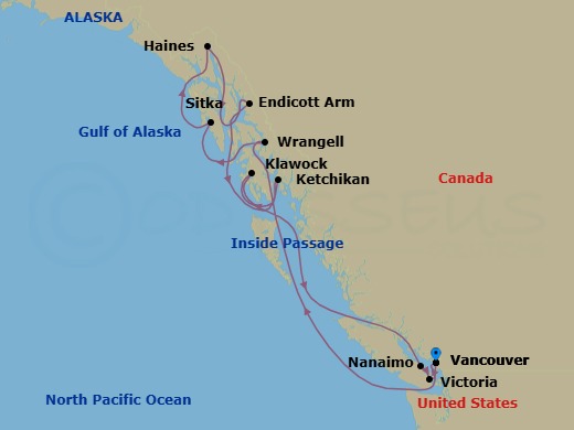 Route map: Vancouver, British Columbia → Wrangell → Sitka, Alaska → Haines, Alaska → Ketchikan (Ward Cove), Alaska → Klawock, Alaska → Nanaimo, British Colombia → Victoria, British Columbia → Vancouver, British Columbia