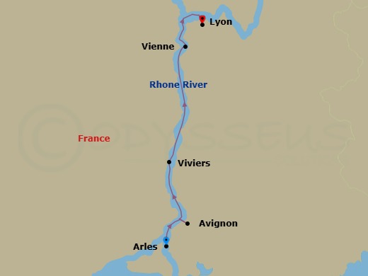 Route map: Arles → RIVD → Arles → Avignon → Viviers → At River → Vienne → Lyon
