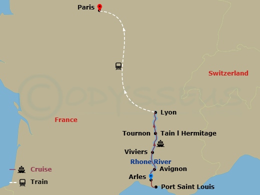 Route map: Arles, France (Embarkation) → Port-Saint-Louis → Arles → Avignon → Viviers → Tournon/Tain Lhermitage → Lyon → Lyon (Disembarkation)-Paris → Paris