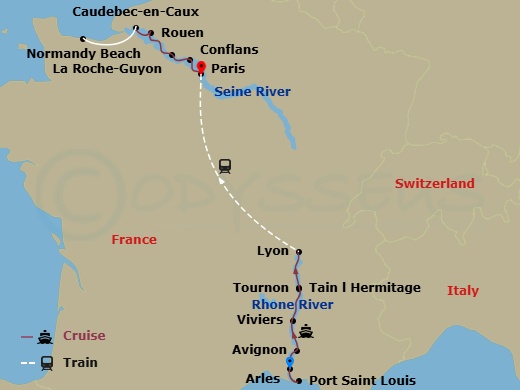Route map: Arles, France (Embarkation) → Port-Saint-Louis → Arles → Avignon → Viviers → Tournon/Tain Lhermitage → Lyon → Lyon (Disembarkation)-Paris (Embarkation) → La Roche Guyon → Caudebec Excursion To Normandy