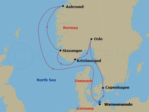 Route map: Warnemunde (Berlin) Germany → Alesund Norway → Stavanger (Lysefijord) Norway → Kristiansand Norway → Oslo Norway → Copenhagen Denmark → Warnemunde (Berlin) Germany