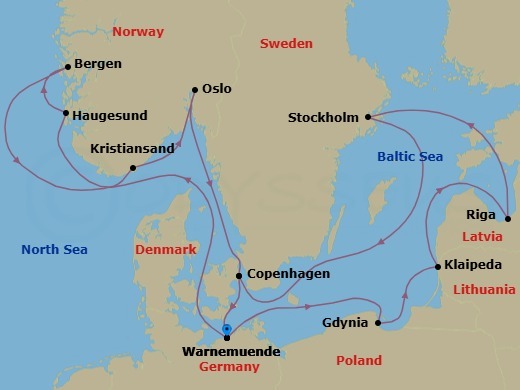 Route map: Warnemunde (Berlin) Germany → Gdynia (Gdansk-Danzig) Poland → Klaipeda Lithuania → Riga Latvia → Stockholm Sweden → Copenhagen Denmark → Warnemunde (Berlin) Germany → Haugesund Norway → Bergen Norway → Kristiansand Norway