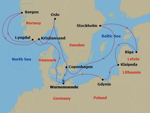 Route map: Warnemunde (Berlin) Germany → Gdynia (Gdansk-Danzig) Poland → Klaipeda Lithuania → Riga Latvia → Stockholm Sweden → Copenhagen Denmark → Warnemunde (Berlin) Germany → Kristiansand Norway → Bergen Norway → Lyngdal Norway