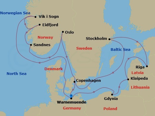 Route map: Warnemunde (Berlin) Germany → Gdynia (Gdansk-Danzig) Poland → Klaipeda Lithuania → Riga Latvia → Stockholm Sweden → Copenhagen Denmark → Warnemunde (Berlin) Germany → Vik i Sogn Norway → Eidfjord Norway → Sandnes Norway