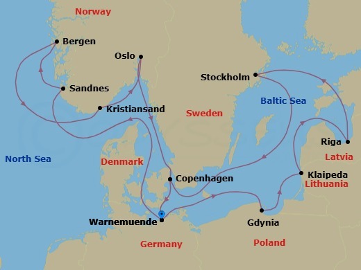 Route map: Warnemunde (Berlin) Germany → Gdynia (Gdansk-Danzig) Poland → Klaipeda Lithuania → Riga Latvia → Stockholm Sweden → Copenhagen Denmark → Warnemunde (Berlin) Germany → Sandnes Norway → Bergen Norway → Kristiansand Norway