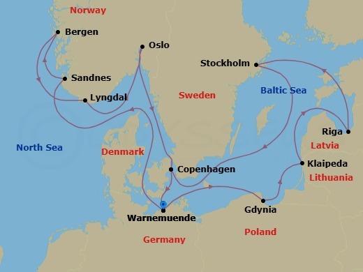 Route map: Warnemunde (Berlin) Germany → Gdynia (Gdansk-Danzig) Poland → Klaipeda Lithuania → Riga Latvia → Stockholm Sweden → Copenhagen Denmark → Warnemunde (Berlin) Germany → Sandnes Norway → Bergen Norway → Lyngdal Norway