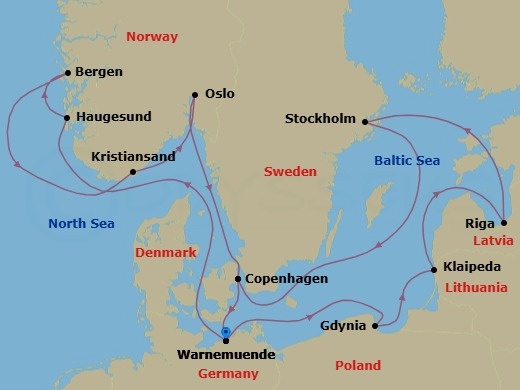 Route map: Warnemunde (Berlin) Germany → Haugesund Norway → Bergen Norway → Kristiansand Norway → Oslo Norway → Copenhagen Denmark → Warnemunde (Berlin) Germany → Gdynia (Gdansk-Danzig) Poland → Klaipeda Lithuania → Riga Latvia