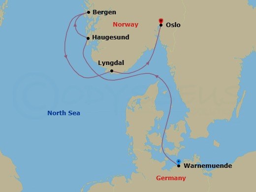 Route map: Warnemuende → Haugesund → Bergen → Lyngdal Norway → Oslo